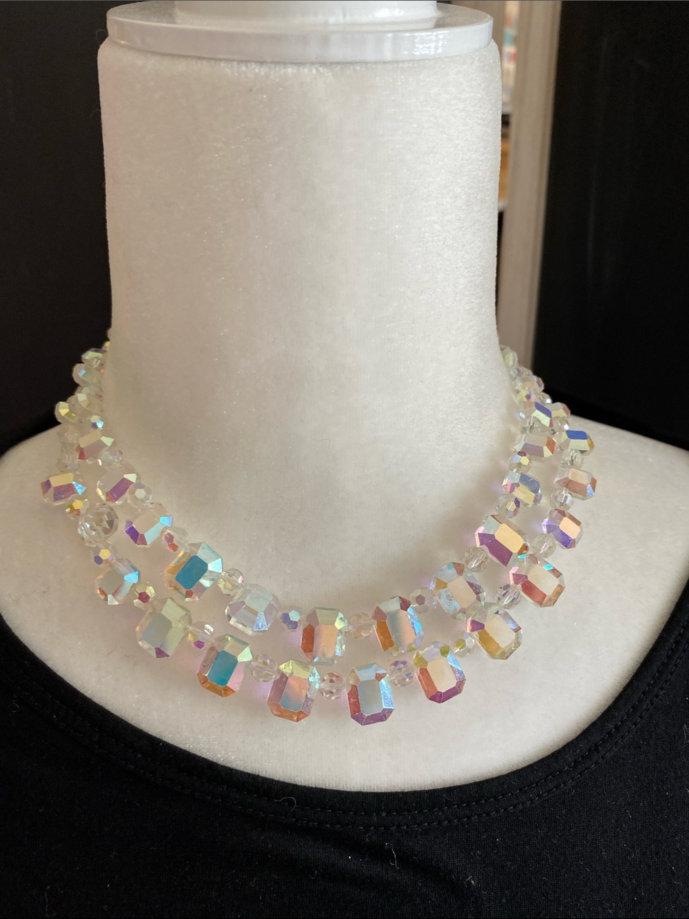 Vintage Aurora Borealis Crystal Bead Choker Necklace - Iridescent